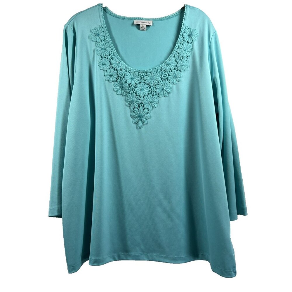 Susan Graver Women's Top Size XL Blue Fairy Feminine Whimsical Packable 3/4 Sl